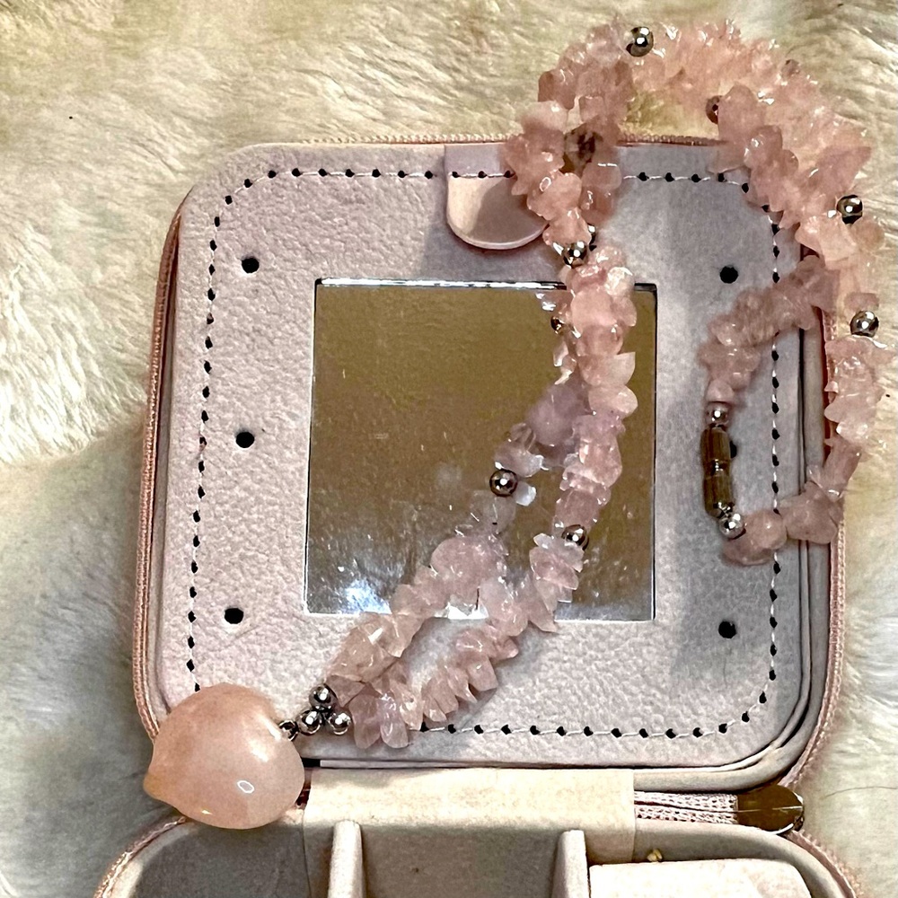 Pink quartz charm with tumbled quartz stone necklace and silver accents.